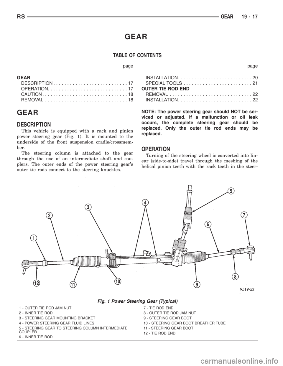 CHRYSLER VOYAGER 2001 Service Manual GEAR
TABLE OF CONTENTS
page page
GEAR
DESCRIPTION...........................17
OPERATION.............................17
CAUTION...............................18
REMOVAL..............................18 CHRYSLER VOYAGER 2001 Service Manual GEAR
TABLE OF CONTENTS
page page
GEAR
DESCRIPTION...........................17
OPERATION.............................17
CAUTION...............................18
REMOVAL..............................18