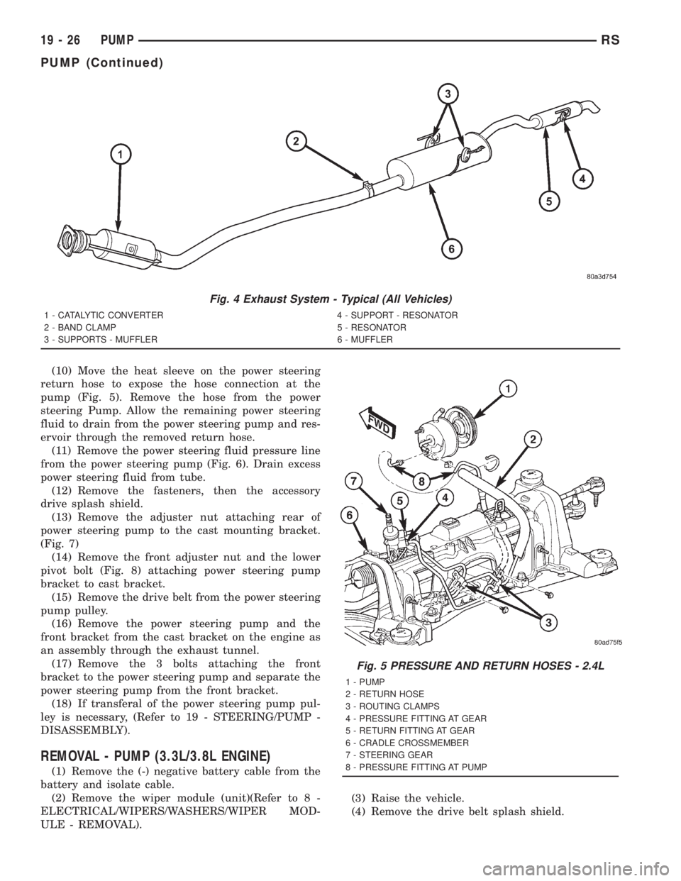 CHRYSLER VOYAGER 2001  Service Manual (10) Move the heat sleeve on the power steering
return hose to expose the hose connection at the
pump (Fig. 5). Remove the hose from the power
steering Pump. Allow the remaining power steering
fluid t