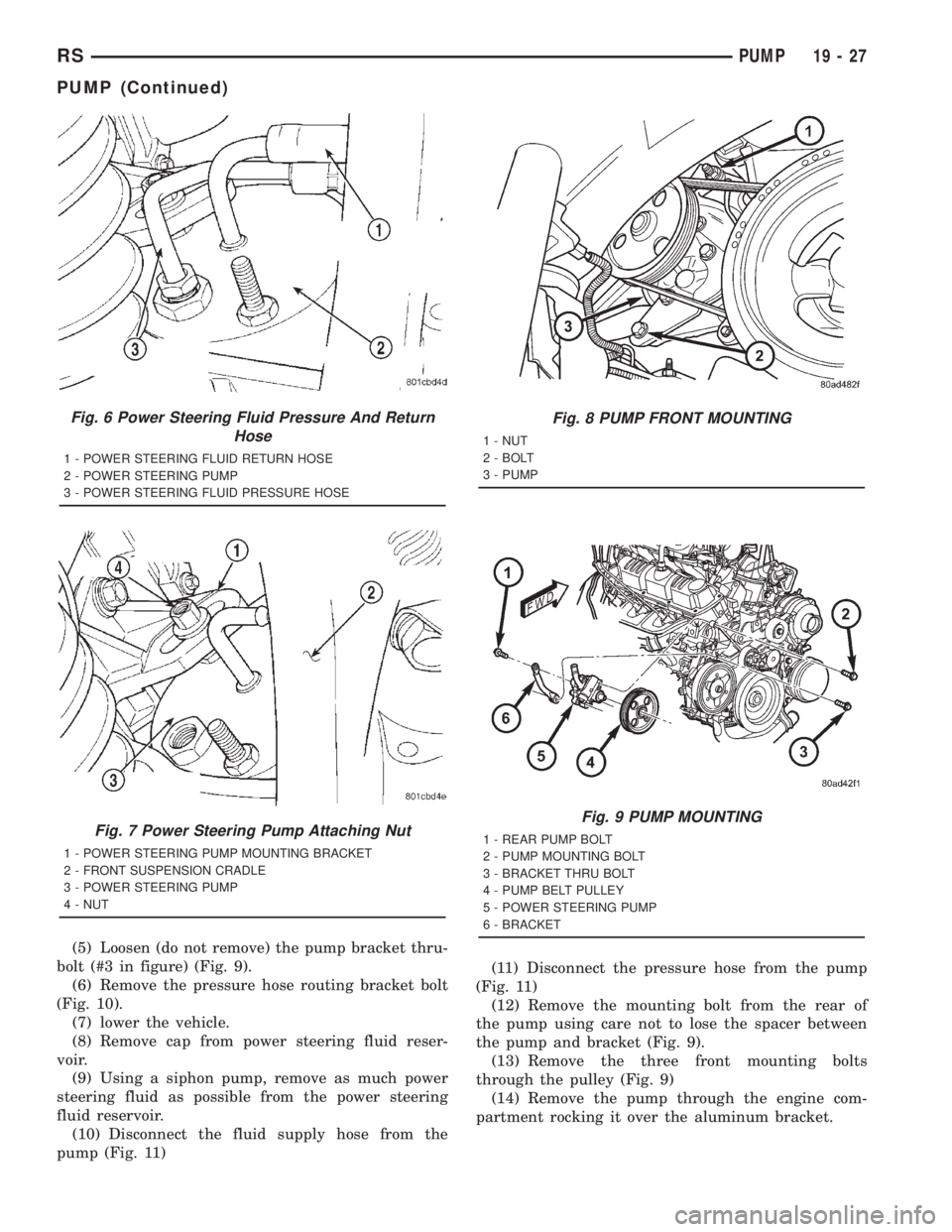 CHRYSLER VOYAGER 2001 Service Manual (5) Loosen (do not remove) the pump bracket thru-
bolt (#3 in figure) (Fig. 9).
(6) Remove the pressure hose routing bracket bolt
(Fig. 10).
(7) lower the vehicle.
(8) Remove cap from power steering f CHRYSLER VOYAGER 2001 Service Manual (5) Loosen (do not remove) the pump bracket thru-
bolt (#3 in figure) (Fig. 9).
(6) Remove the pressure hose routing bracket bolt
(Fig. 10).
(7) lower the vehicle.
(8) Remove cap from power steering f