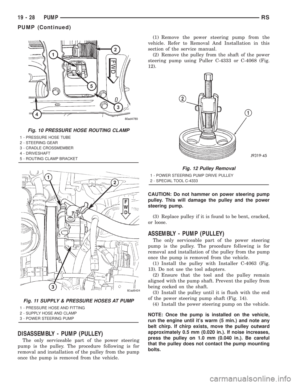 CHRYSLER VOYAGER 2001  Service Manual DISASSEMBLY - PUMP (PULLEY)
The only serviceable part of the power steering
pump is the pulley. The procedure following is for
removal and installation of the pulley from the pump
once the pump is rem