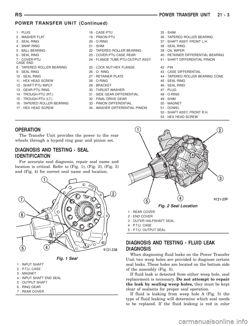 CHRYSLER VOYAGER 2001 Service Manual OPERATION
The Transfer Unit provides the power to the rear
wheels through a hypoid ring gear and pinion set.
DIAGNOSIS AND TESTING - SEAL
IDENTIFICATION
For accurate seal diagnosis, repair seal name a CHRYSLER VOYAGER 2001 Service Manual OPERATION
The Transfer Unit provides the power to the rear
wheels through a hypoid ring gear and pinion set.
DIAGNOSIS AND TESTING - SEAL
IDENTIFICATION
For accurate seal diagnosis, repair seal name a