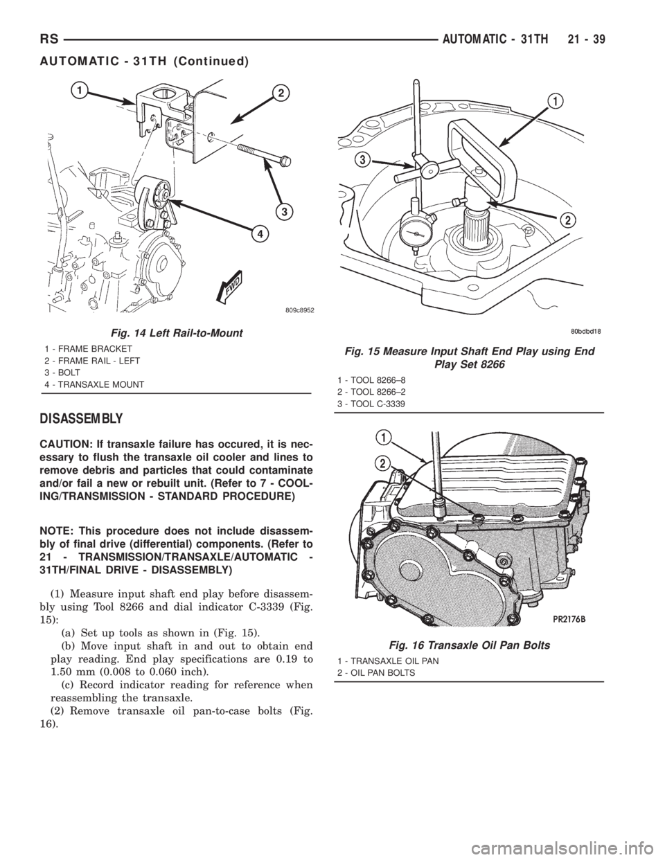 CHRYSLER VOYAGER 2001 Service Manual DISASSEMBLY
CAUTION: If transaxle failure has occured, it is nec-
essary to flush the transaxle oil cooler and lines to
remove debris and particles that could contaminate
and/or fail a new or rebuilt CHRYSLER VOYAGER 2001 Service Manual DISASSEMBLY
CAUTION: If transaxle failure has occured, it is nec-
essary to flush the transaxle oil cooler and lines to
remove debris and particles that could contaminate
and/or fail a new or rebuilt