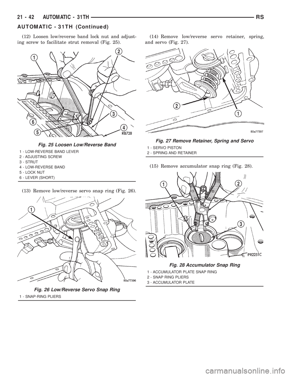 CHRYSLER VOYAGER 2001  Service Manual (12) Loosen low/reverse band lock nut and adjust-
ing screw to facilitate strut removal (Fig. 25).
(13) Remove low/reverse servo snap ring (Fig. 26).(14) Remove low/reverse servo retainer, spring,
and