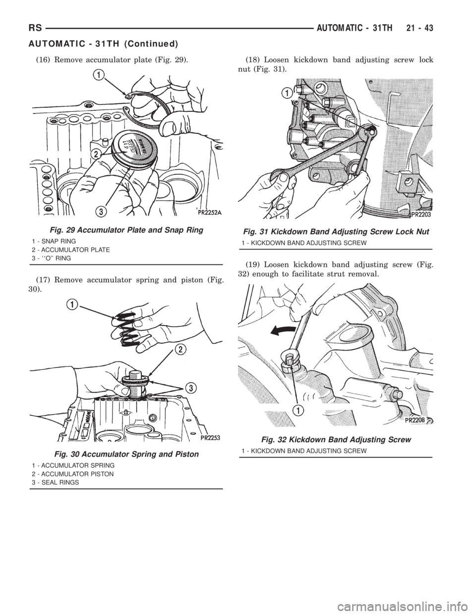 CHRYSLER VOYAGER 2001  Service Manual (16) Remove accumulator plate (Fig. 29).
(17) Remove accumulator spring and piston (Fig.
30).(18) Loosen kickdown band adjusting screw lock
nut (Fig. 31).
(19) Loosen kickdown band adjusting screw (Fi