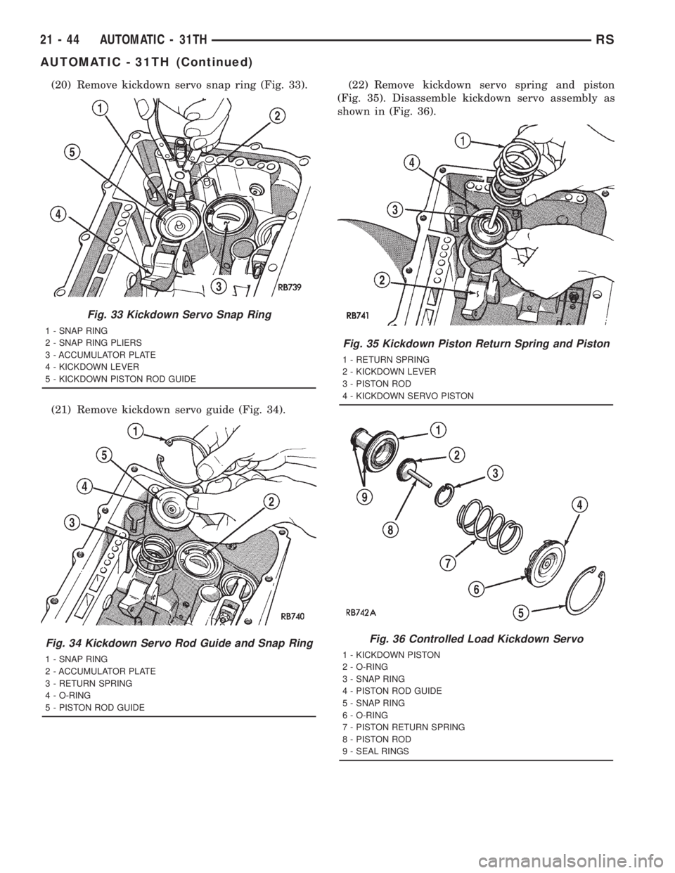 CHRYSLER VOYAGER 2001  Service Manual (20) Remove kickdown servo snap ring (Fig. 33).
(21) Remove kickdown servo guide (Fig. 34).(22) Remove kickdown servo spring and piston
(Fig. 35). Disassemble kickdown servo assembly as
shown in (Fig.