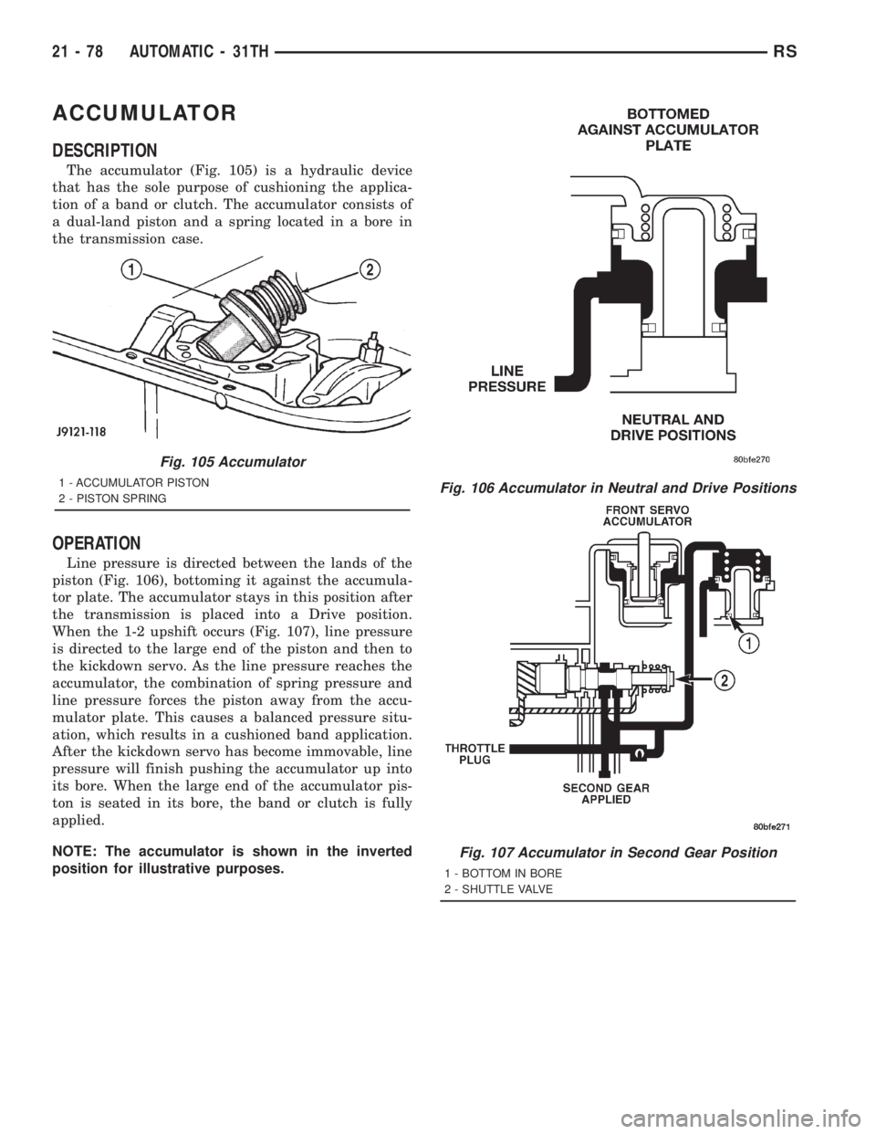CHRYSLER VOYAGER 2001 Service Manual ACCUMULATOR
DESCRIPTION
The accumulator (Fig. 105) is a hydraulic device
that has the sole purpose of cushioning the applica-
tion of a band or clutch. The accumulator consists of
a dual-land piston a CHRYSLER VOYAGER 2001 Service Manual ACCUMULATOR
DESCRIPTION
The accumulator (Fig. 105) is a hydraulic device
that has the sole purpose of cushioning the applica-
tion of a band or clutch. The accumulator consists of
a dual-land piston a