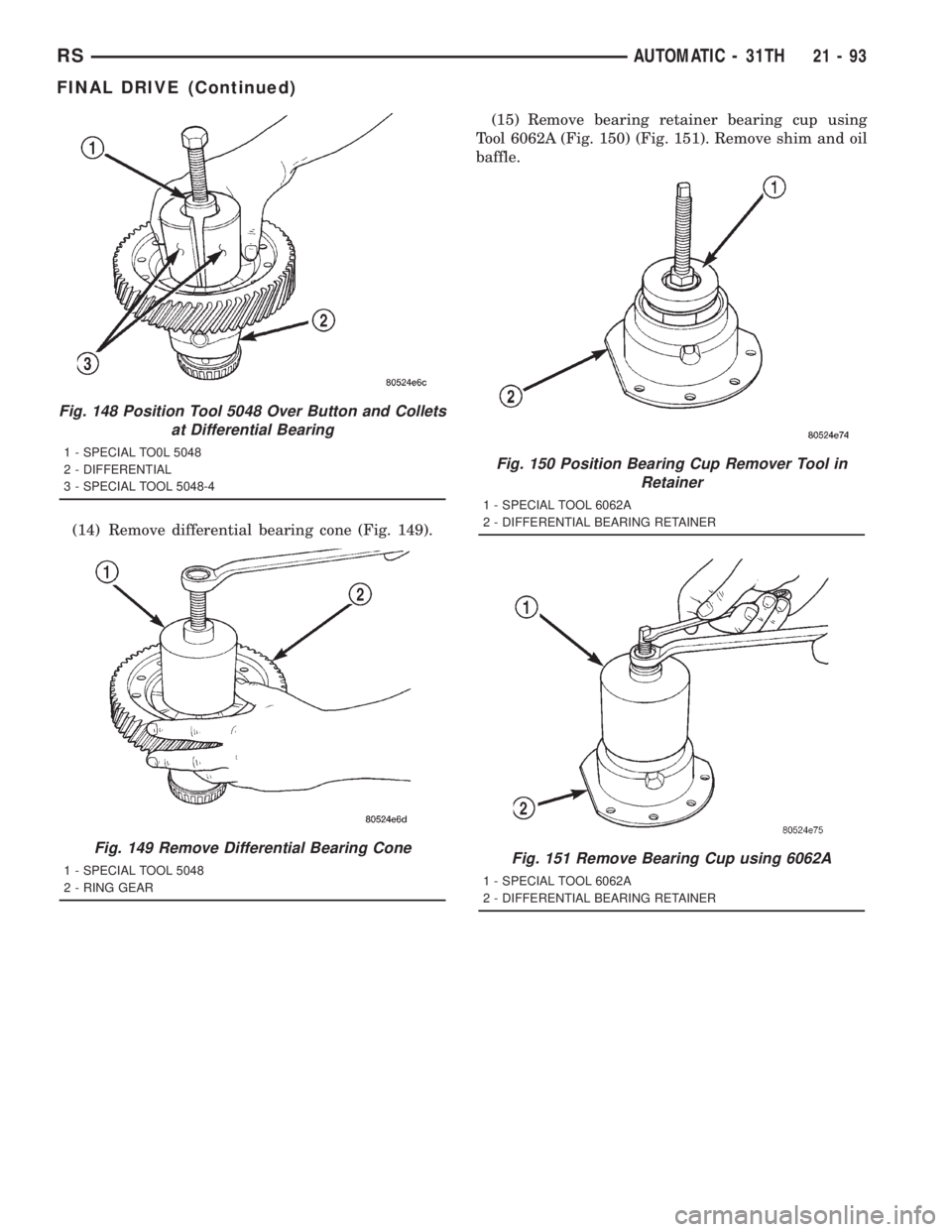 CHRYSLER VOYAGER 2001  Service Manual (14) Remove differential bearing cone (Fig. 149).(15) Remove bearing retainer bearing cup using
Tool 6062A (Fig. 150) (Fig. 151). Remove shim and oil
baffle.
Fig. 148 Position Tool 5048 Over Button an