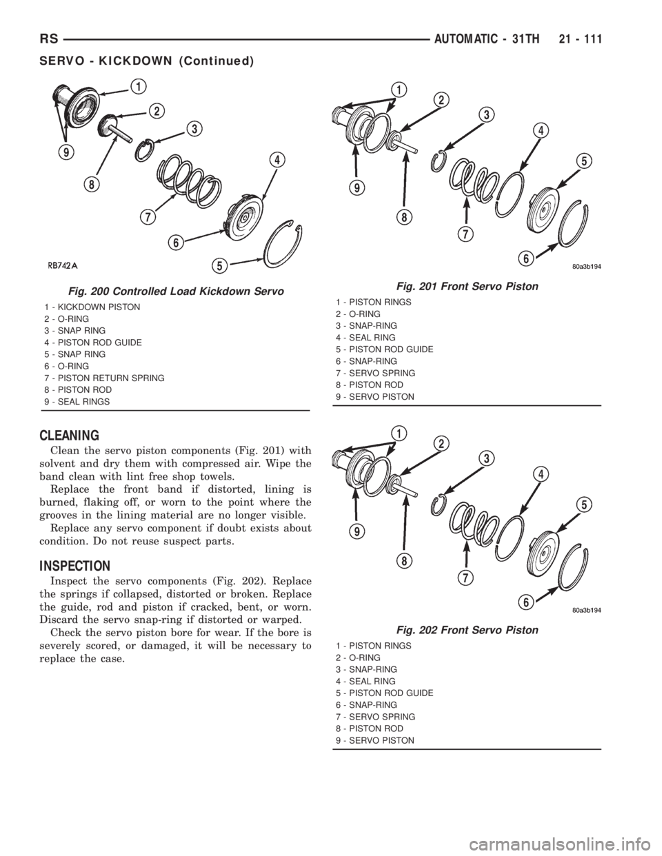 CHRYSLER VOYAGER 2001  Service Manual CLEANING
Clean the servo piston components (Fig. 201) with
solvent and dry them with compressed air. Wipe the
band clean with lint free shop towels.
Replace the front band if distorted, lining is
burn