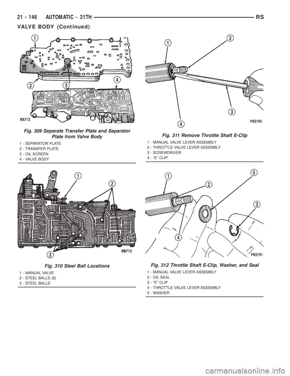 CHRYSLER VOYAGER 2001  Service Manual Fig. 309 Separate Transfer Plate and Separator
Plate from Valve Body
1 - SEPARATOR PLATE
2 - TRANSFER PLATE
3 - OIL SCREEN
4 - VALVE BODY
Fig. 310 Steel Ball Locations
1 - MANUAL VALVE
2 - STEEL BALLS