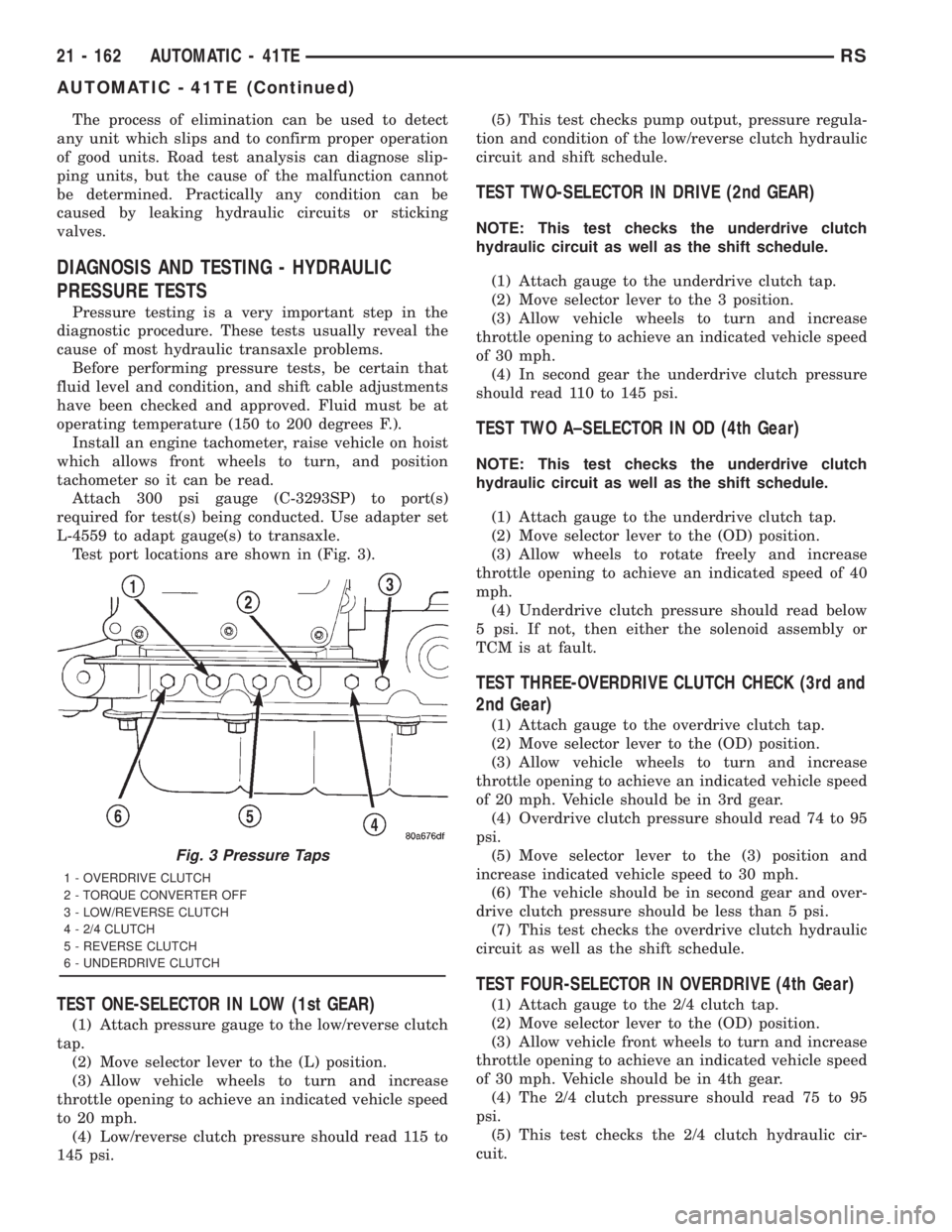 CHRYSLER VOYAGER 2001 Service Manual The process of elimination can be used to detect
any unit which slips and to confirm proper operation
of good units. Road test analysis can diagnose slip-
ping units, but the cause of the malfunction CHRYSLER VOYAGER 2001 Service Manual The process of elimination can be used to detect
any unit which slips and to confirm proper operation
of good units. Road test analysis can diagnose slip-
ping units, but the cause of the malfunction