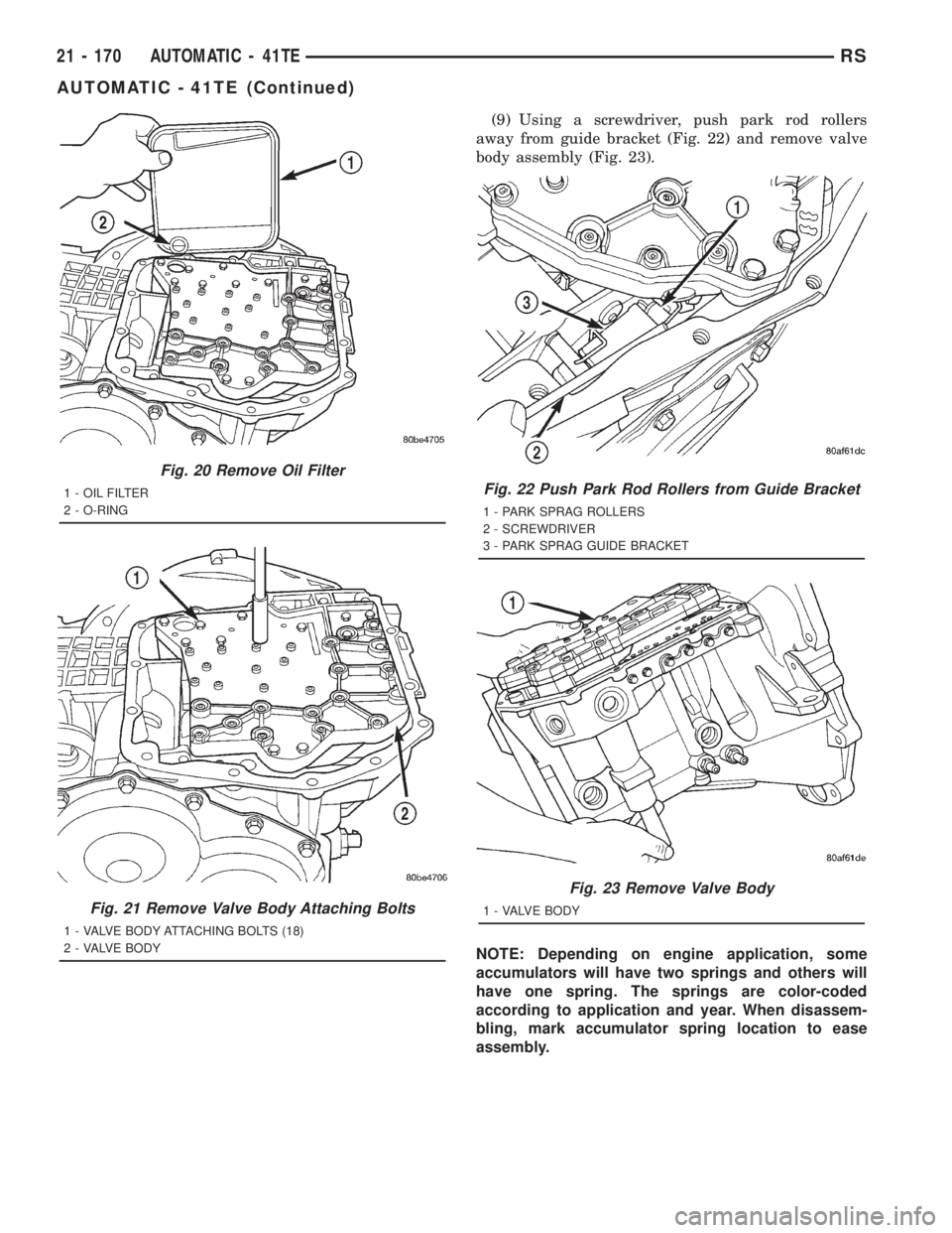CHRYSLER VOYAGER 2001  Service Manual (9) Using a screwdriver, push park rod rollers
away from guide bracket (Fig. 22) and remove valve
body assembly (Fig. 23).
NOTE: Depending on engine application, some
accumulators will have two spring