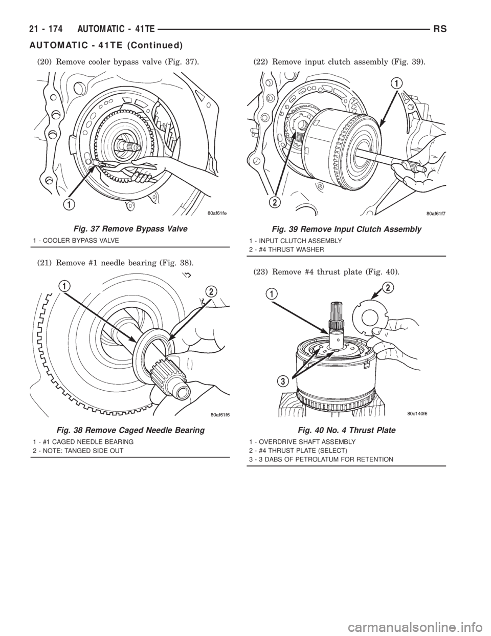 CHRYSLER VOYAGER 2001  Service Manual (20) Remove cooler bypass valve (Fig. 37).
(21) Remove #1 needle bearing (Fig. 38).(22) Remove input clutch assembly (Fig. 39).
(23) Remove #4 thrust plate (Fig. 40).
Fig. 37 Remove Bypass Valve
1 - C