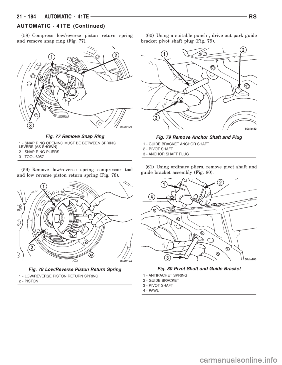 CHRYSLER VOYAGER 2001  Service Manual (58) Compress low/reverse piston return spring
and remove snap ring (Fig. 77).
(59) Remove low/reverse spring compressor tool
and low reverse piston return spring (Fig. 78).(60) Using a suitable punch