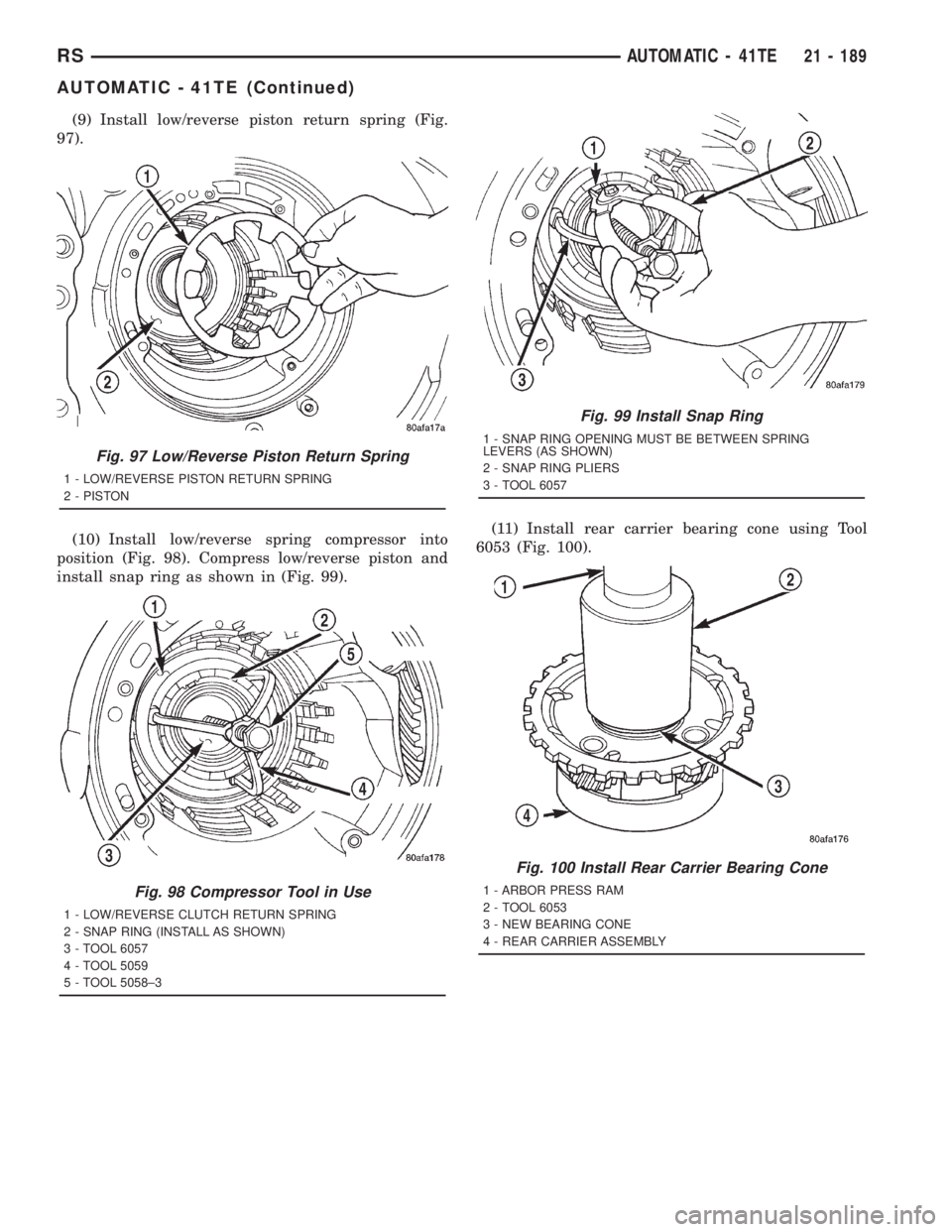 CHRYSLER VOYAGER 2001  Service Manual (9) Install low/reverse piston return spring (Fig.
97).
(10) Install low/reverse spring compressor into
position (Fig. 98). Compress low/reverse piston and
install snap ring as shown in (Fig. 99).(11)