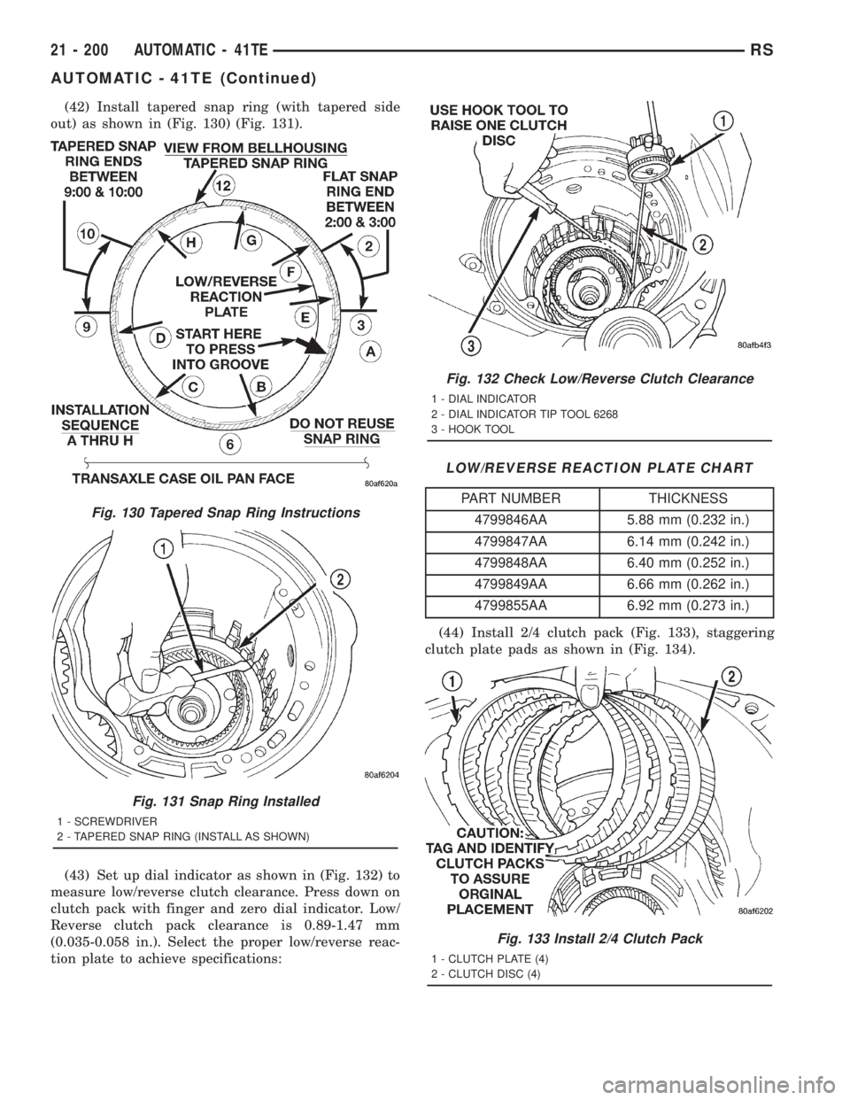 CHRYSLER VOYAGER 2001  Service Manual (42) Install tapered snap ring (with tapered side
out) as shown in (Fig. 130) (Fig. 131).
(43) Set up dial indicator as shown in (Fig. 132) to
measure low/reverse clutch clearance. Press down on
clutc