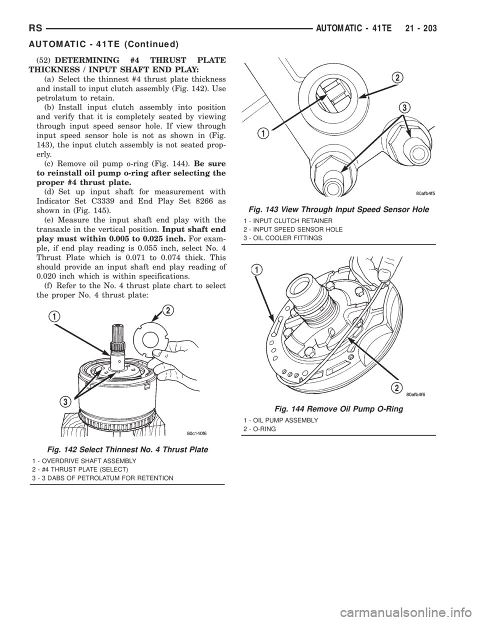 CHRYSLER VOYAGER 2001  Service Manual (52)DETERMINING #4 THRUST PLATE
THICKNESS / INPUT SHAFT END PLAY:
(a) Select the thinnest #4 thrust plate thickness
and install to input clutch assembly (Fig. 142). Use
petrolatum to retain.
(b) Insta