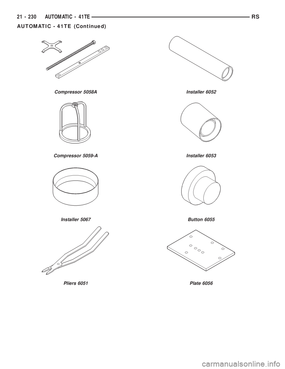 CHRYSLER VOYAGER 2001  Service Manual Compressor 5058A
Compressor 5059-A
Installer 5067
Pliers 6051
Installer 6052
Installer 6053
Button 6055
Plate 6056
21 - 230 AUTOMATIC - 41TERS
AUTOMATIC - 41TE (Continued) 