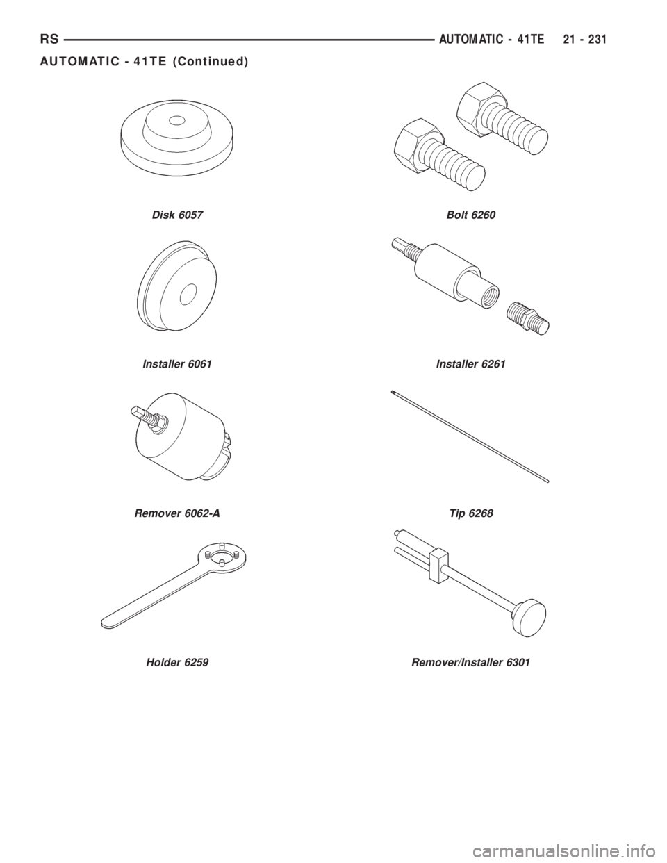 CHRYSLER VOYAGER 2001  Service Manual Disk 6057
Installer 6061
Remover 6062-A
Holder 6259
Bolt 6260
Installer 6261
Tip 6268
Remover/Installer 6301
RSAUTOMATIC - 41TE21 - 231
AUTOMATIC - 41TE (Continued) 