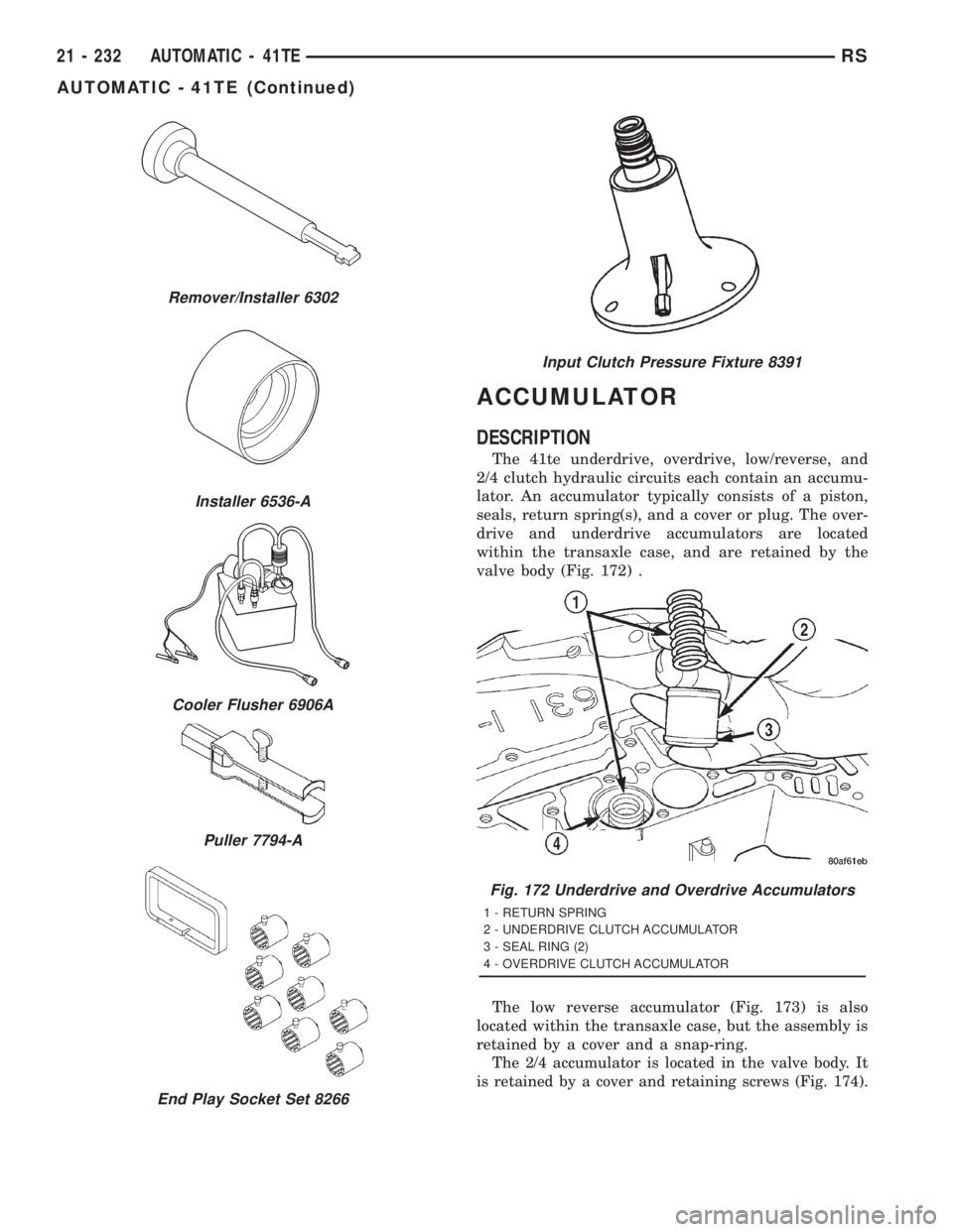 CHRYSLER VOYAGER 2001  Service Manual ACCUMULATOR
DESCRIPTION
The 41te underdrive, overdrive, low/reverse, and
2/4 clutch hydraulic circuits each contain an accumu-
lator. An accumulator typically consists of a piston,
seals, return sprin