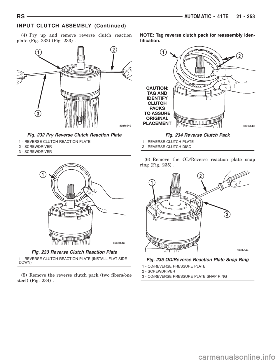 CHRYSLER VOYAGER 2001  Service Manual (4) Pry up and remove reverse clutch reaction
plate (Fig. 232) (Fig. 233) .
(5) Remove the reverse clutch pack (two fibers/one
steel) (Fig. 234) .NOTE: Tag reverse clutch pack for reassembly iden-
tif