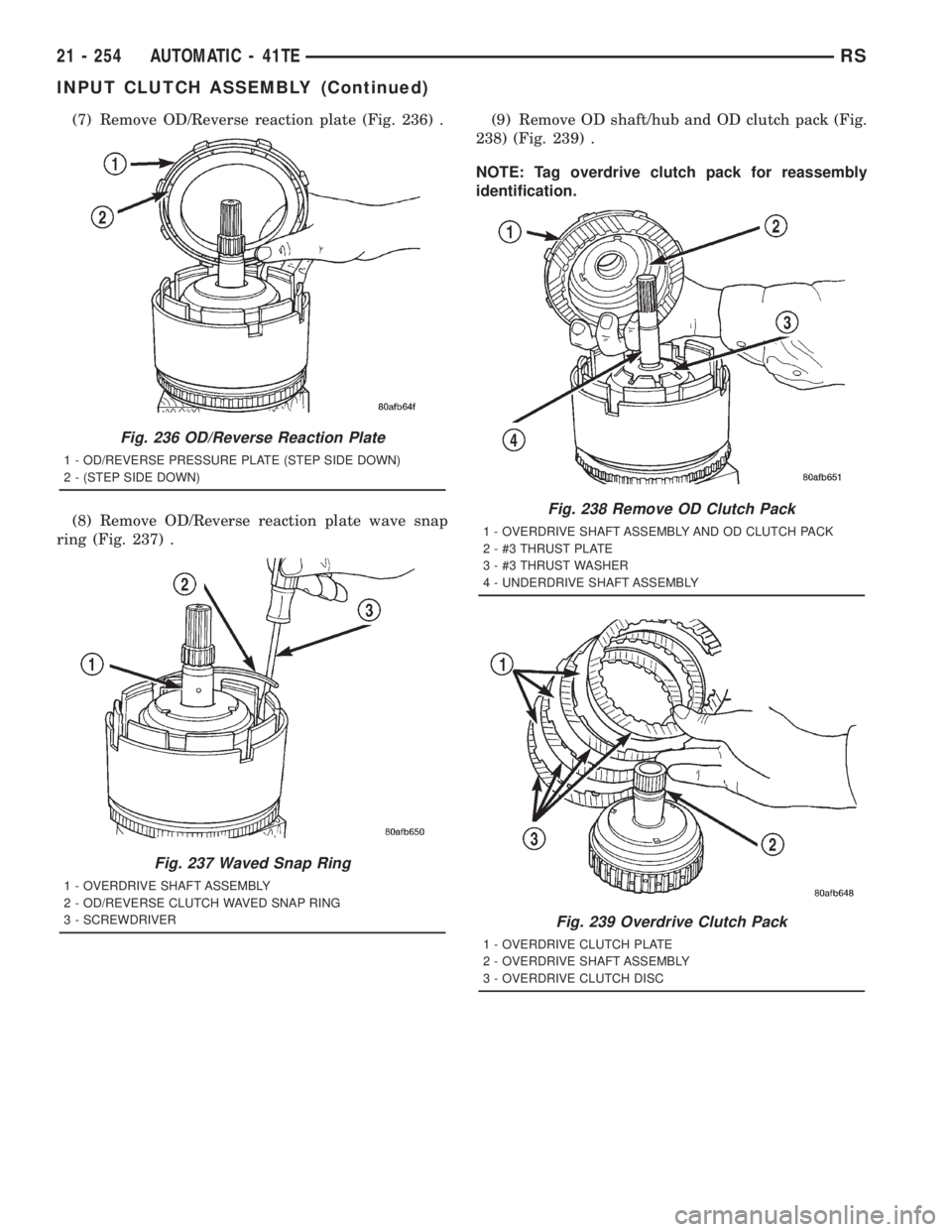 CHRYSLER VOYAGER 2001  Service Manual (7) Remove OD/Reverse reaction plate (Fig. 236) .
(8) Remove OD/Reverse reaction plate wave snap
ring (Fig. 237) .(9) Remove OD shaft/hub and OD clutch pack (Fig.
238) (Fig. 239) .
NOTE: Tag overdrive