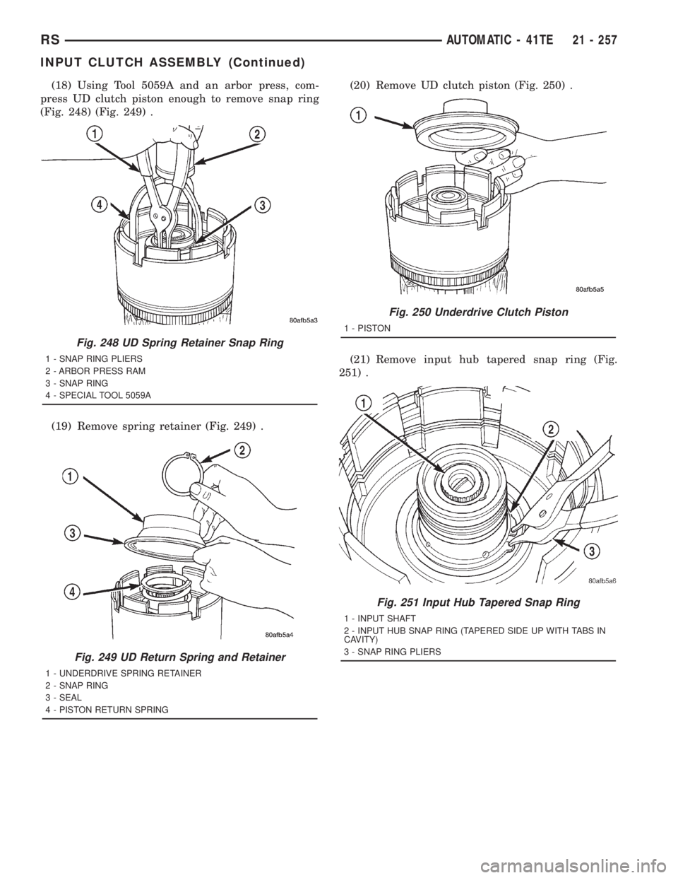 CHRYSLER VOYAGER 2001  Service Manual (18) Using Tool 5059A and an arbor press, com-
press UD clutch piston enough to remove snap ring
(Fig. 248) (Fig. 249) .
(19) Remove spring retainer (Fig. 249) .(20) Remove UD clutch piston (Fig. 250)