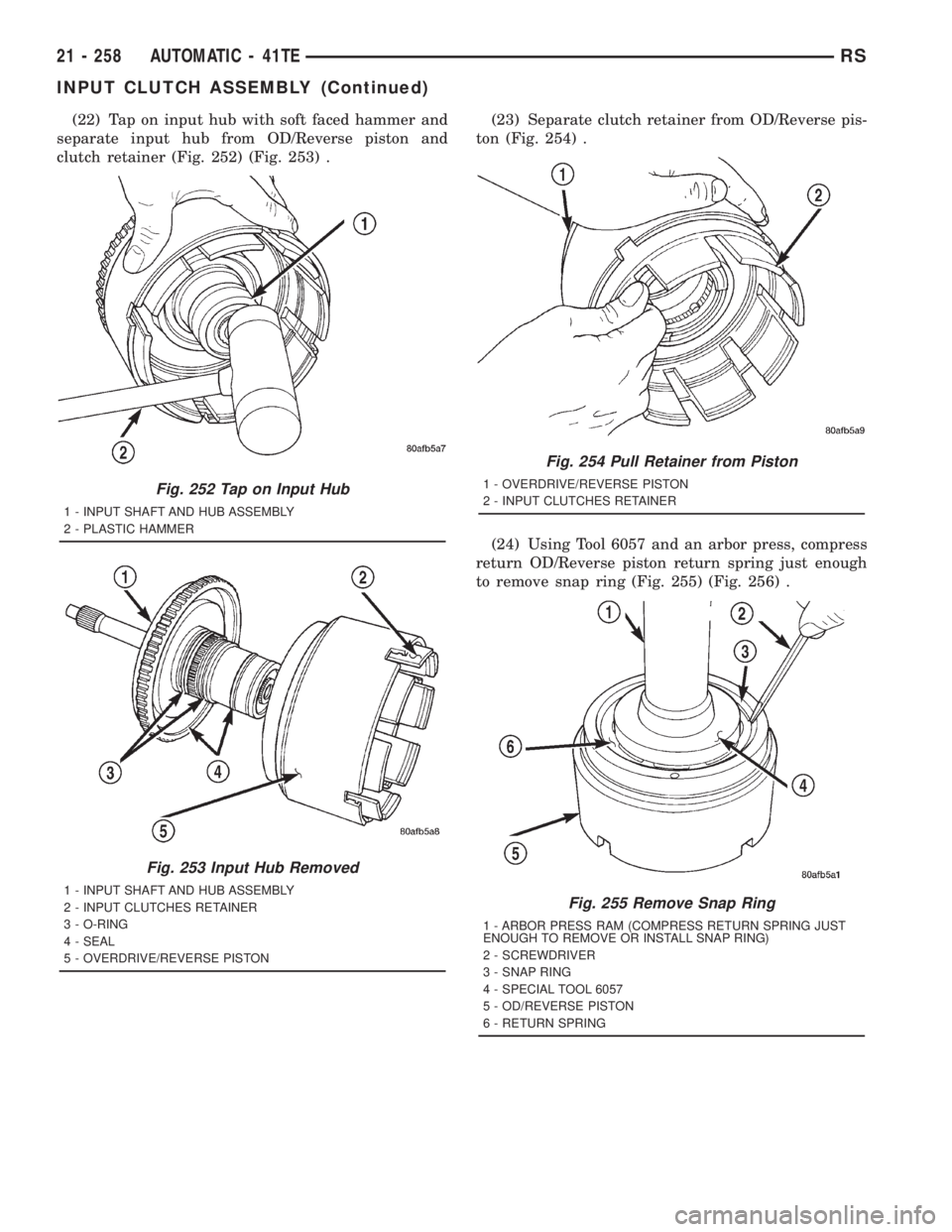 CHRYSLER VOYAGER 2001  Service Manual (22) Tap on input hub with soft faced hammer and
separate input hub from OD/Reverse piston and
clutch retainer (Fig. 252) (Fig. 253) .(23) Separate clutch retainer from OD/Reverse pis-
ton (Fig. 254) 