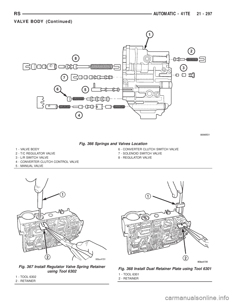 CHRYSLER VOYAGER 2001  Service Manual Fig. 366 Springs and Valves Location
1 - VALVE BODY
2 - T/C REGULATOR VALVE
3 - L/R SWITCH VALVE
4 - CONVERTER CLUTCH CONTROL VALVE
5 - MANUAL VALVE6 - CONVERTER CLUTCH SWITCH VALVE
7 - SOLENOID SWITC