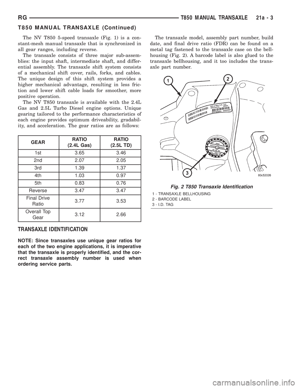 CHRYSLER VOYAGER 2001  Service Manual The NV T850 5-speed transaxle (Fig. 1) is a con-
stant-mesh manual transaxle that is synchronized in
all gear ranges, including reverse.
The transaxle consists of three major sub-assem-
blies: the inp