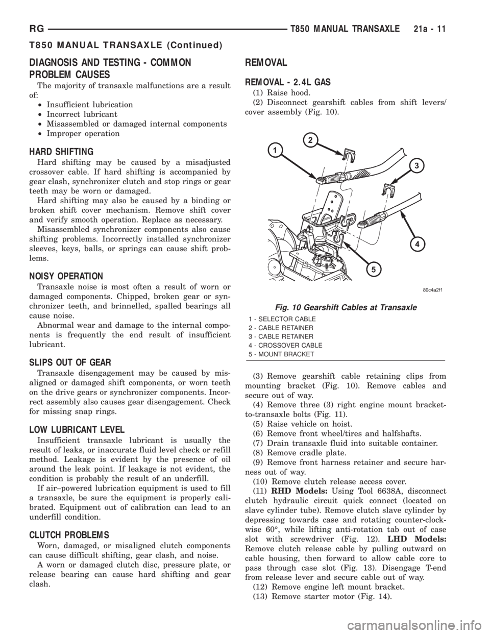 CHRYSLER VOYAGER 2001 Service Manual DIAGNOSIS AND TESTING - COMMON
PROBLEM CAUSES
The majority of transaxle malfunctions are a result
of:
²Insufficient lubrication
²Incorrect lubricant
²Misassembled or damaged internal components
²I CHRYSLER VOYAGER 2001 Service Manual DIAGNOSIS AND TESTING - COMMON
PROBLEM CAUSES
The majority of transaxle malfunctions are a result
of:
²Insufficient lubrication
²Incorrect lubricant
²Misassembled or damaged internal components
²I
