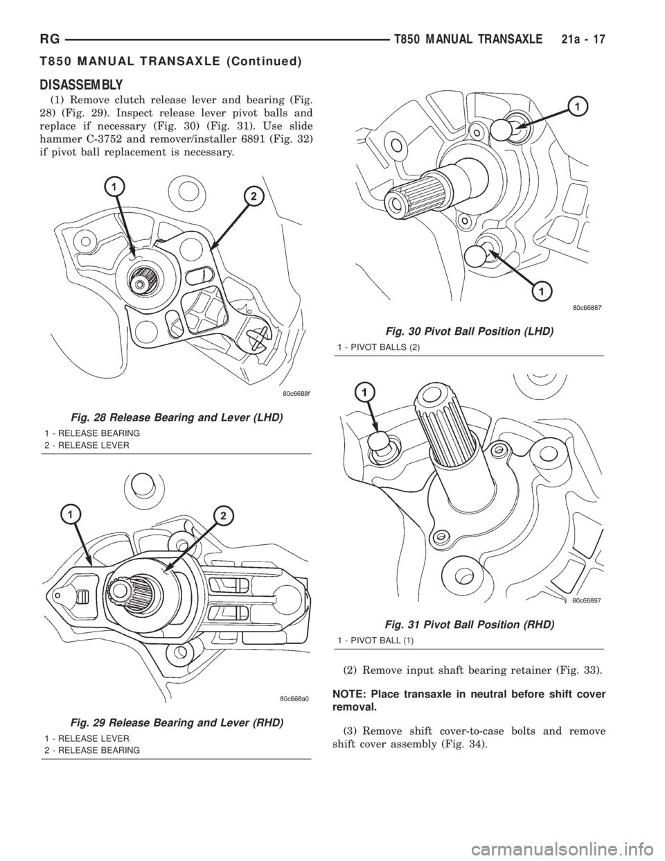 CHRYSLER VOYAGER 2001  Service Manual DISASSEMBLY
(1) Remove clutch release lever and bearing (Fig.
28) (Fig. 29). Inspect release lever pivot balls and
replace if necessary (Fig. 30) (Fig. 31). Use slide
hammer C-3752 and remover/install