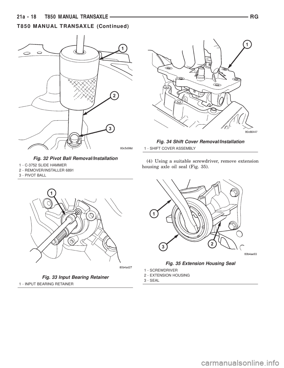 CHRYSLER VOYAGER 2001  Service Manual (4) Using a suitable screwdriver, remove extension
housing axle oil seal (Fig. 35).Fig. 32 Pivot Ball Removal/Installation
1 - C-3752 SLIDE HAMMER
2 - REMOVER/INSTALLER 6891
3 - PIVOT BALL
Fig. 33 Inp