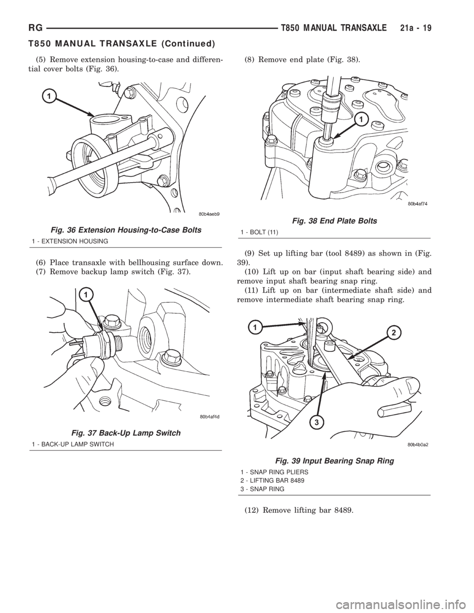 CHRYSLER VOYAGER 2001  Service Manual (5) Remove extension housing-to-case and differen-
tial cover bolts (Fig. 36).
(6) Place transaxle with bellhousing surface down.
(7) Remove backup lamp switch (Fig. 37).(8) Remove end plate (Fig. 38)