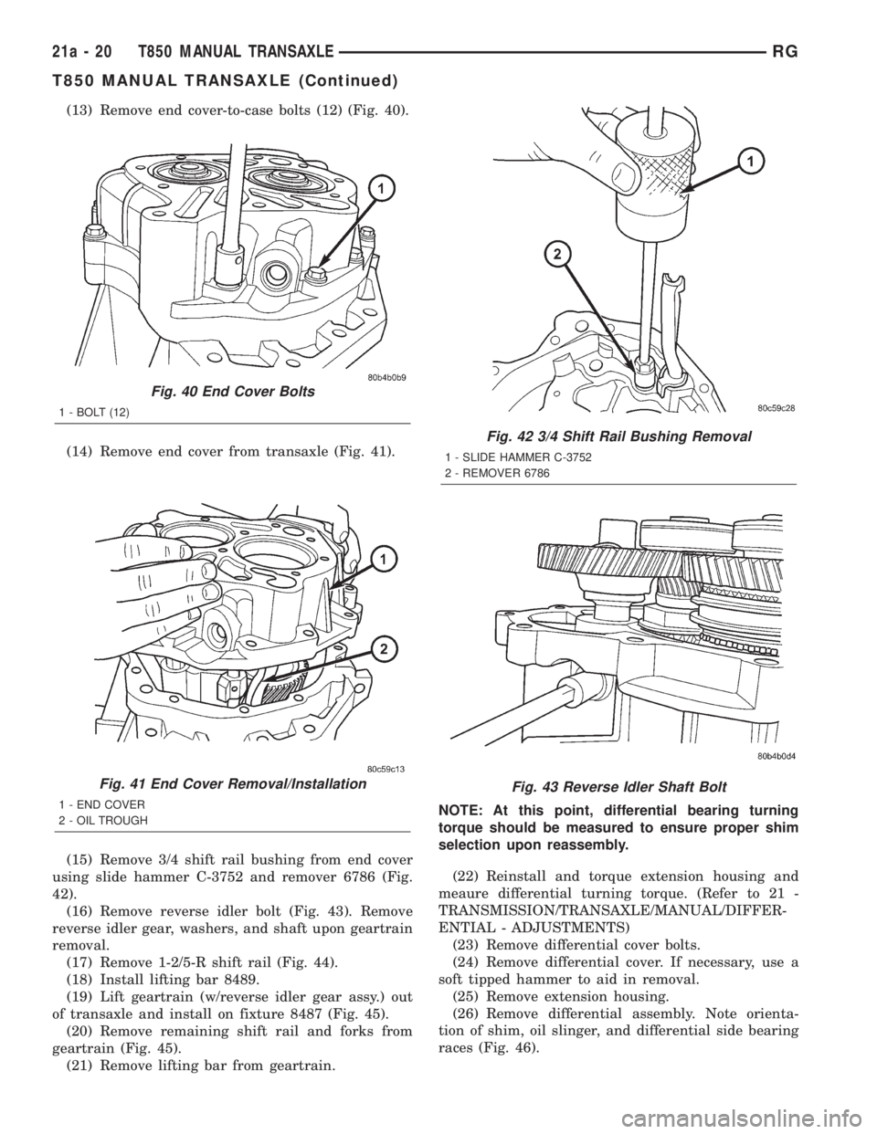 CHRYSLER VOYAGER 2001  Service Manual (13) Remove end cover-to-case bolts (12) (Fig. 40).
(14) Remove end cover from transaxle (Fig. 41).
(15) Remove 3/4 shift rail bushing from end cover
using slide hammer C-3752 and remover 6786 (Fig.
4