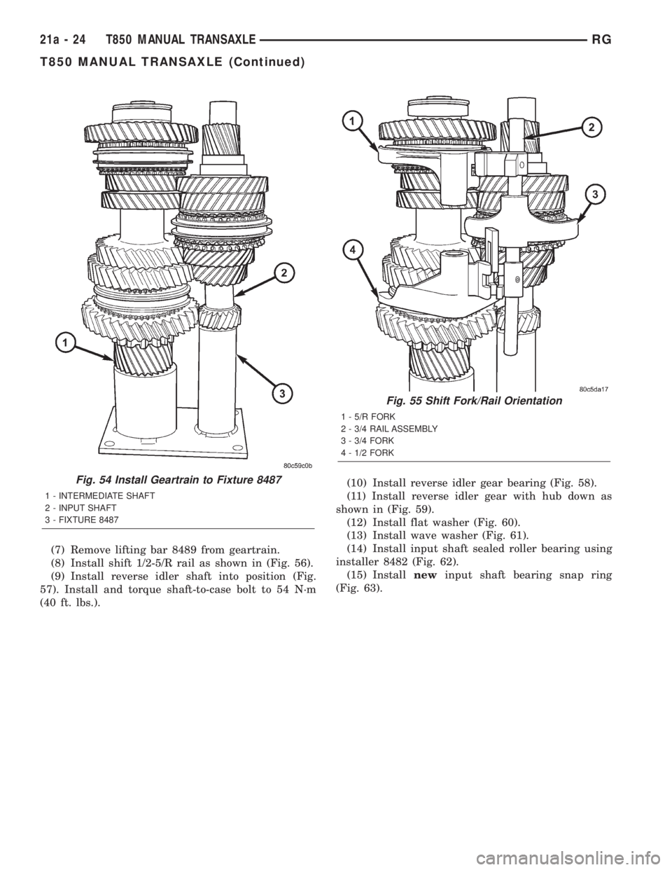 CHRYSLER VOYAGER 2001  Service Manual (7) Remove lifting bar 8489 from geartrain.
(8) Install shift 1/2-5/R rail as shown in (Fig. 56).
(9) Install reverse idler shaft into position (Fig.
57). Install and torque shaft-to-case bolt to 54 N