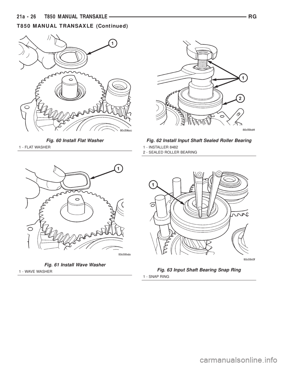 CHRYSLER VOYAGER 2001  Service Manual Fig. 60 Install Flat Washer
1 - FLAT WASHER
Fig. 61 Install Wave Washer
1 - WAVE WASHER
Fig. 62 Install Input Shaft Sealed Roller Bearing
1 - INSTALLER 8482
2 - SEALED ROLLER BEARING
Fig. 63 Input Sha