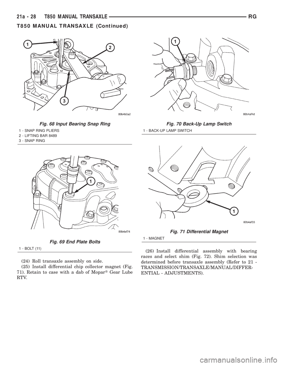 CHRYSLER VOYAGER 2001  Service Manual (24) Roll transaxle assembly on side.
(25) Install differential chip collector magnet (Fig.
71). Retain to case with a dab of MopartGear Lube
RTV.(26) Install differential assembly with bearing
races 