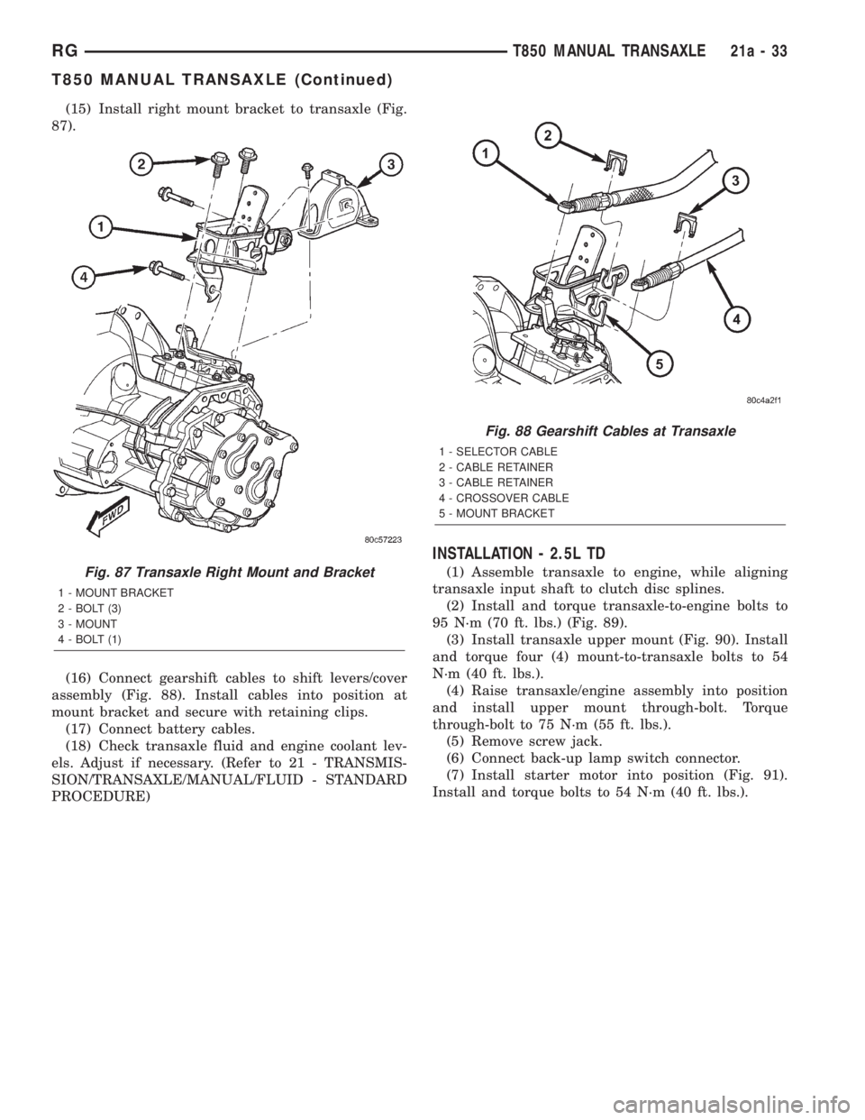 CHRYSLER VOYAGER 2001 Service Manual (15) Install right mount bracket to transaxle (Fig.
87).
(16) Connect gearshift cables to shift levers/cover
assembly (Fig. 88). Install cables into position at
mount bracket and secure with retaining CHRYSLER VOYAGER 2001 Service Manual (15) Install right mount bracket to transaxle (Fig.
87).
(16) Connect gearshift cables to shift levers/cover
assembly (Fig. 88). Install cables into position at
mount bracket and secure with retaining
