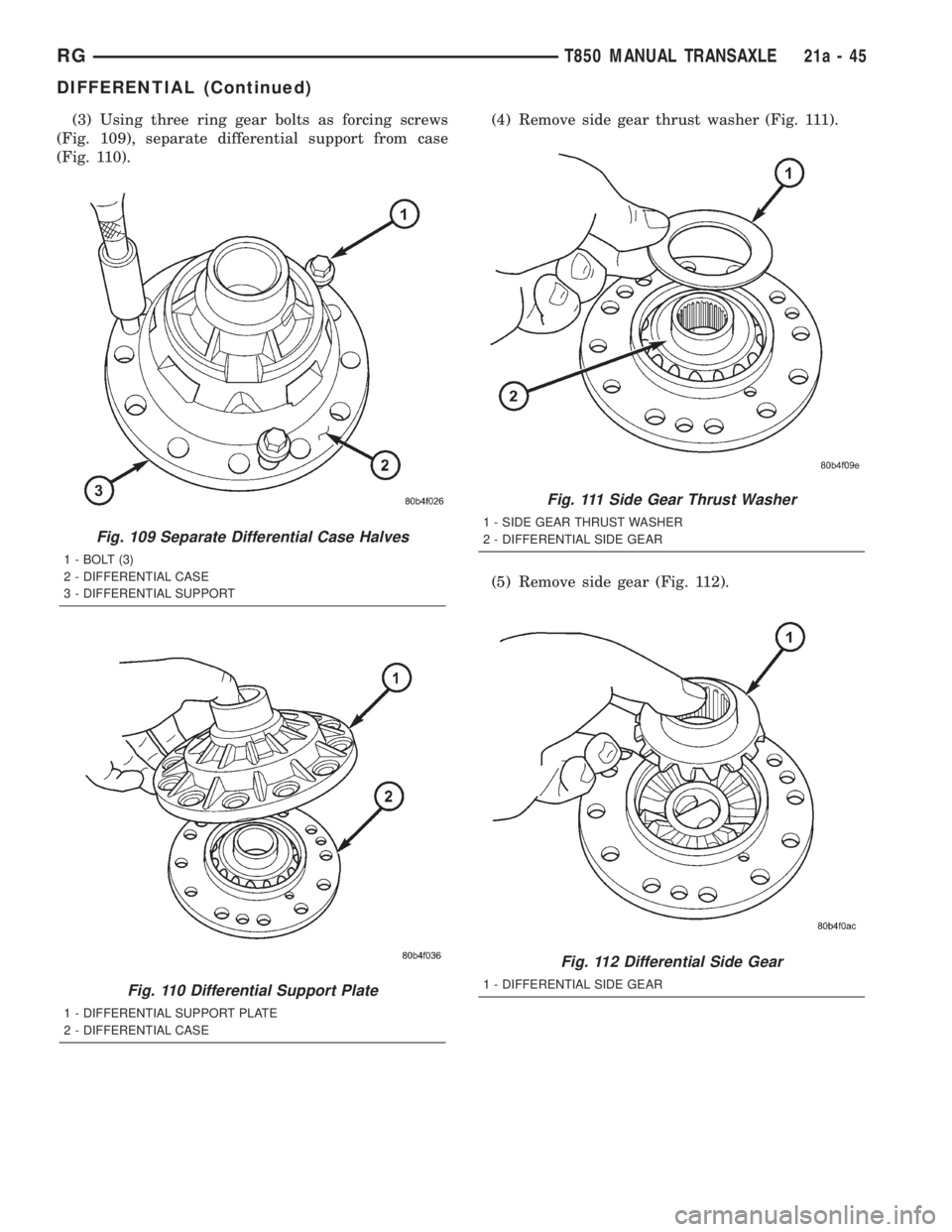 CHRYSLER VOYAGER 2001  Service Manual (3) Using three ring gear bolts as forcing screws
(Fig. 109), separate differential support from case
(Fig. 110).(4) Remove side gear thrust washer (Fig. 111).
(5) Remove side gear (Fig. 112).
Fig. 10