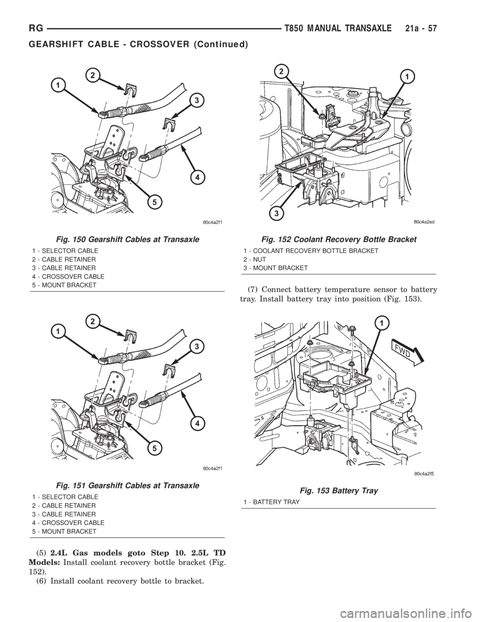 CHRYSLER VOYAGER 2001  Service Manual (5)2.4L Gas models goto Step 10. 2.5L TD
Models:Install coolant recovery bottle bracket (Fig.
152).
(6) Install coolant recovery bottle to bracket.(7) Connect battery temperature sensor to battery
tra