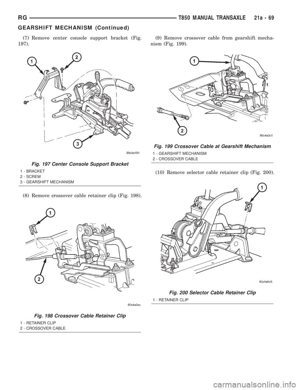 CHRYSLER VOYAGER 2001  Service Manual (7) Remove center console support bracket (Fig.
197).
(8) Remove crossover cable retainer clip (Fig. 198).(9) Remove crossover cable from gearshift mecha-
nism (Fig. 199).
(10) Remove selector cable r