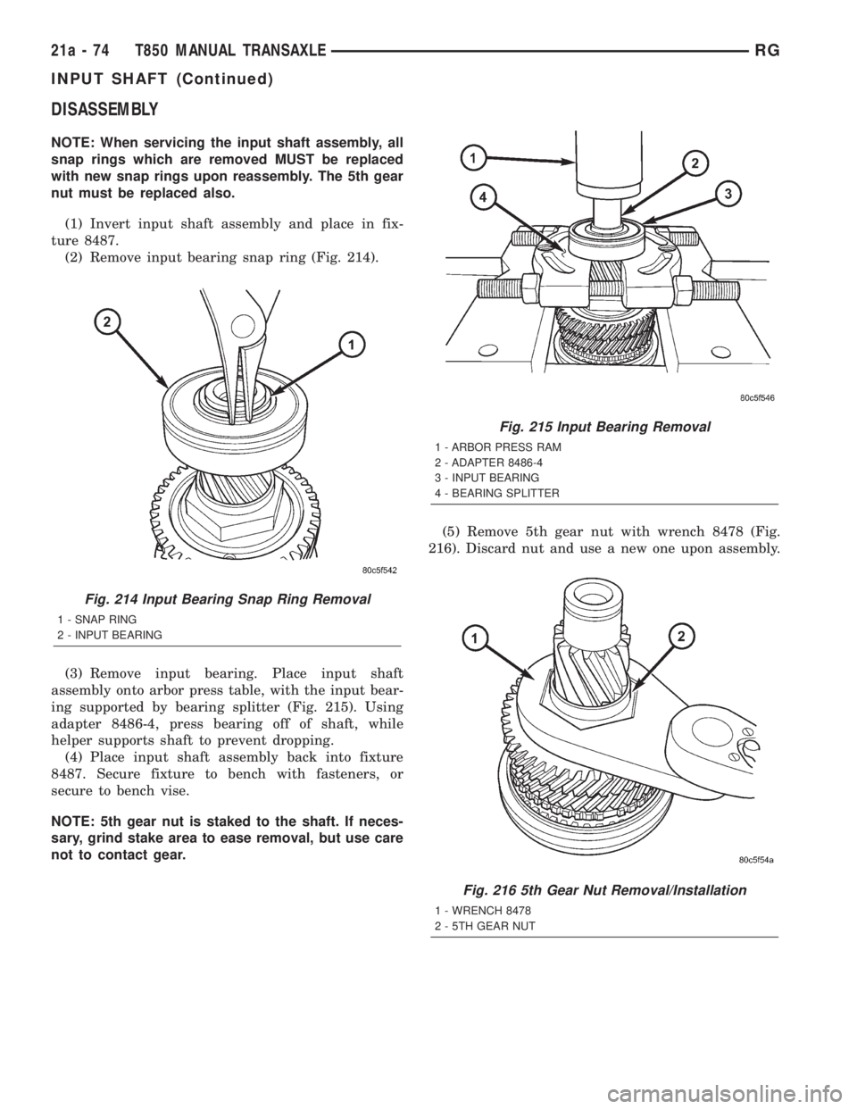 CHRYSLER VOYAGER 2001 Service Manual DISASSEMBLY
NOTE: When servicing the input shaft assembly, all
snap rings which are removed MUST be replaced
with new snap rings upon reassembly. The 5th gear
nut must be replaced also.
(1) Invert inp CHRYSLER VOYAGER 2001 Service Manual DISASSEMBLY
NOTE: When servicing the input shaft assembly, all
snap rings which are removed MUST be replaced
with new snap rings upon reassembly. The 5th gear
nut must be replaced also.
(1) Invert inp