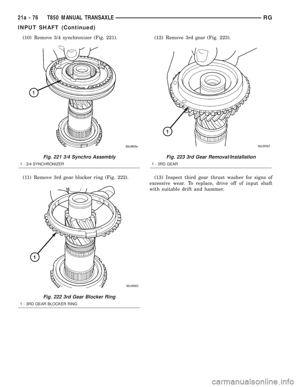 CHRYSLER VOYAGER 2001  Service Manual (10) Remove 3/4 synchronizer (Fig. 221).
(11) Remove 3rd gear blocker ring (Fig. 222).(12) Remove 3rd gear (Fig. 223).
(13) Inspect third gear thrust washer for signs of
excessive wear. To replace, dr