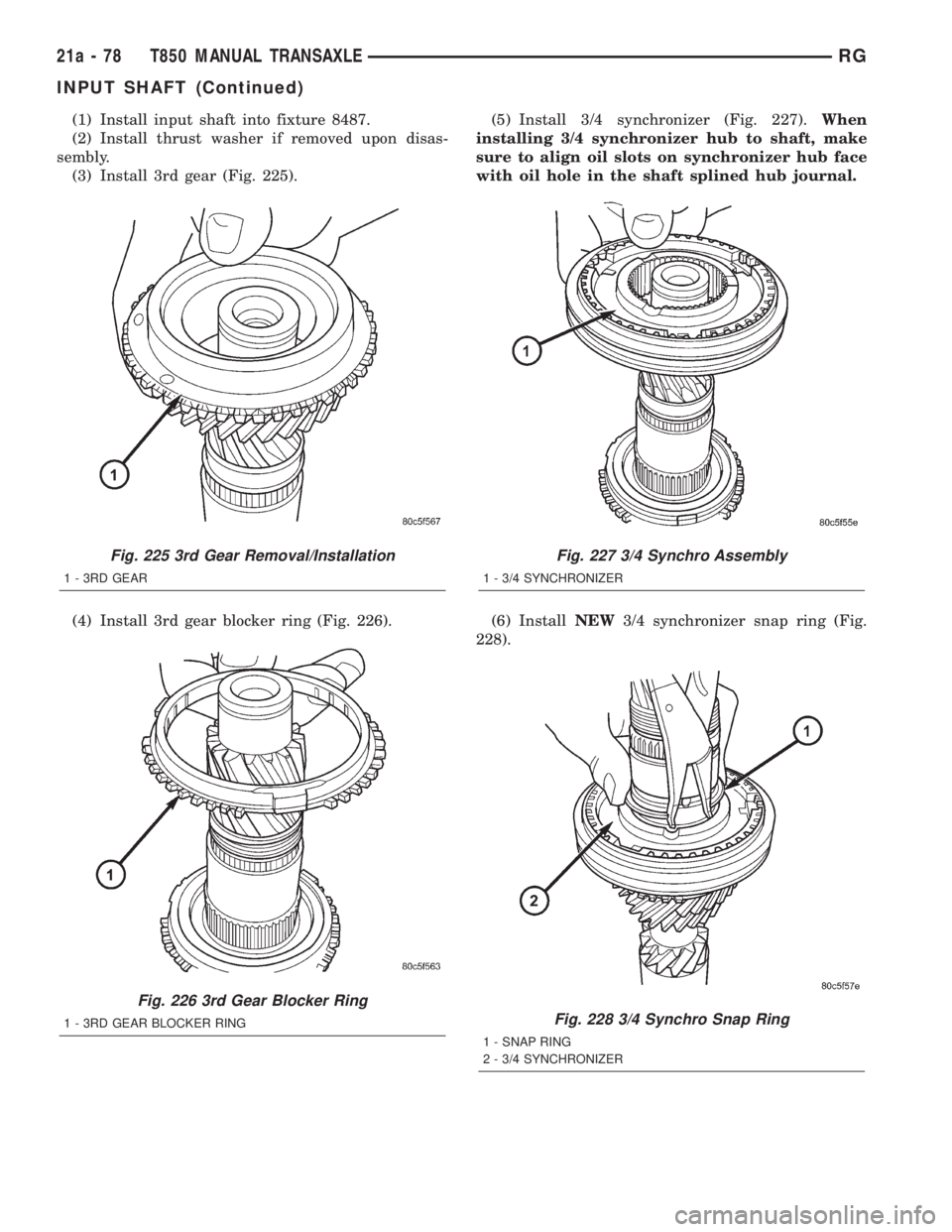 CHRYSLER VOYAGER 2001  Service Manual (1) Install input shaft into fixture 8487.
(2) Install thrust washer if removed upon disas-
sembly.
(3) Install 3rd gear (Fig. 225).
(4) Install 3rd gear blocker ring (Fig. 226).(5) Install 3/4 synchr