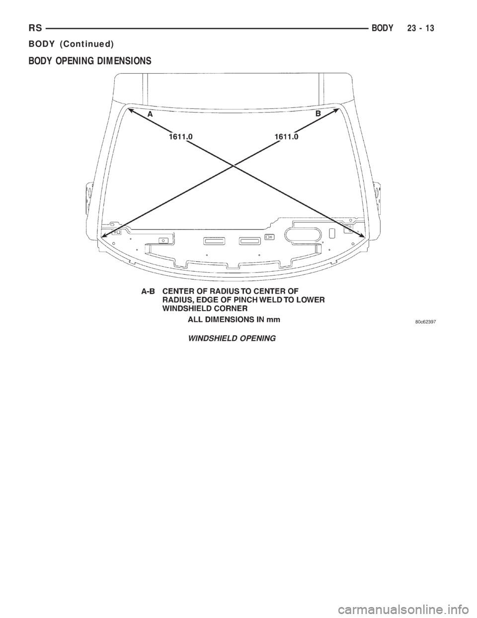 CHRYSLER VOYAGER 2001  Service Manual BODY OPENING DIMENSIONS
WINDSHIELD OPENING
RSBODY23-13
BODY (Continued) 