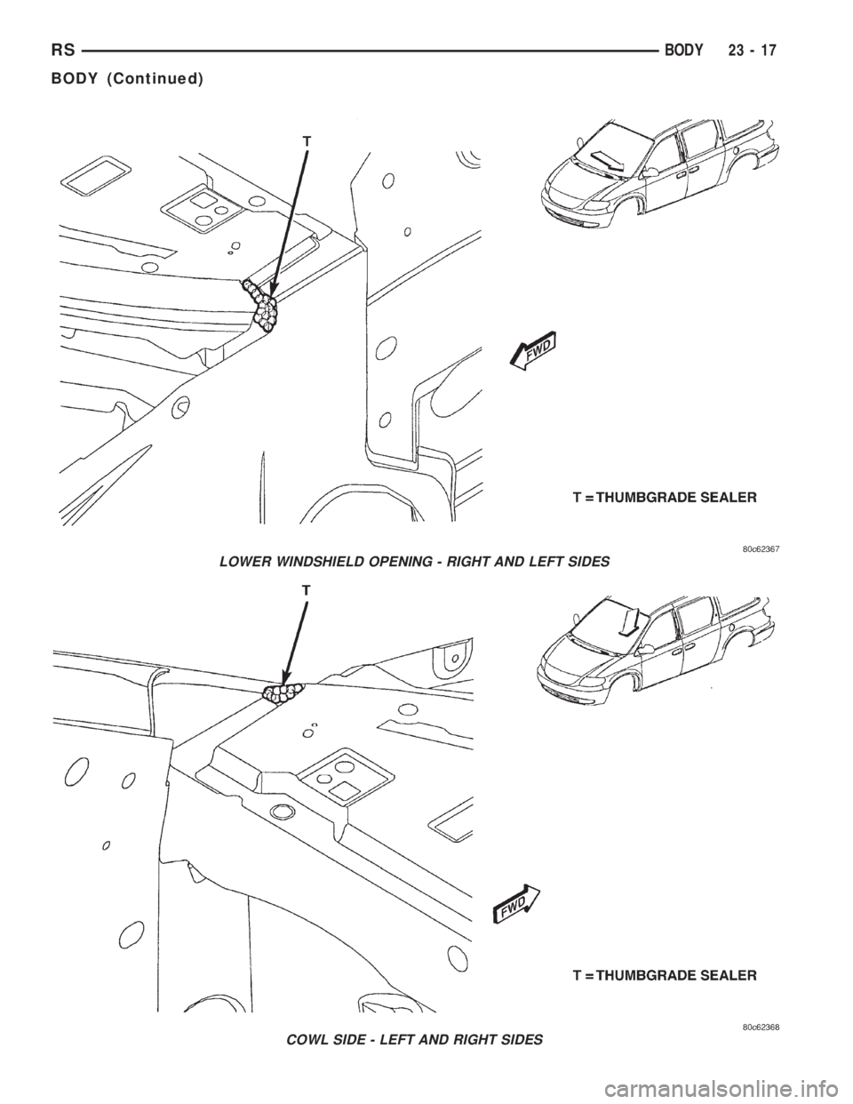 CHRYSLER VOYAGER 2001  Service Manual LOWER WINDSHIELD OPENING - RIGHT AND LEFT SIDES
COWL SIDE - LEFT AND RIGHT SIDES
RSBODY23-17
BODY (Continued) 