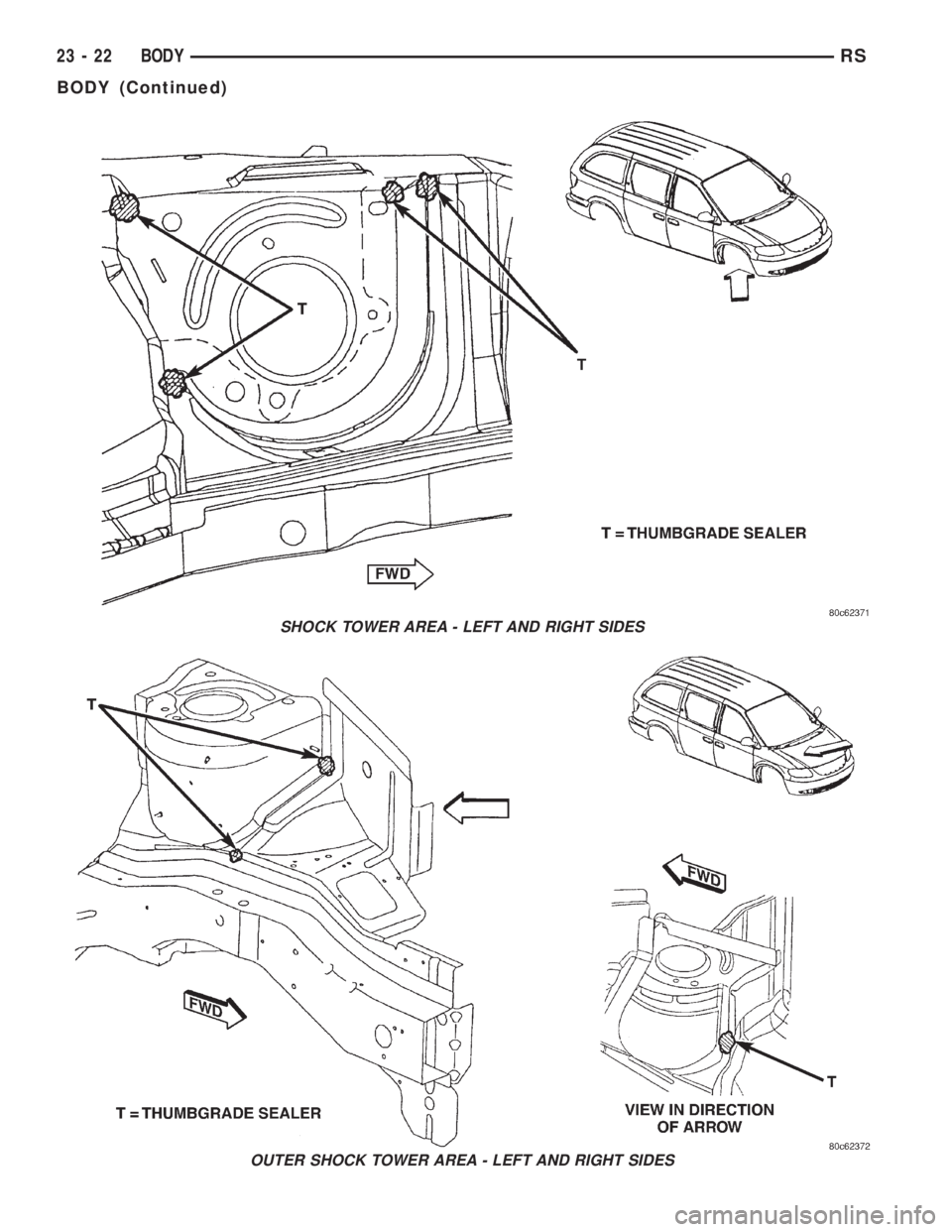 CHRYSLER VOYAGER 2001  Service Manual SHOCK TOWER AREA - LEFT AND RIGHT SIDES
OUTER SHOCK TOWER AREA - LEFT AND RIGHT SIDES
23 - 22 BODYRS
BODY (Continued) 