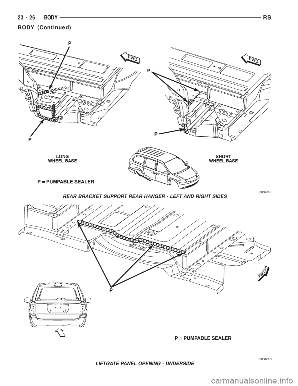CHRYSLER VOYAGER 2001  Service Manual REAR BRACKET SUPPORT REAR HANGER - LEFT AND RIGHT SIDES
LIFTGATE PANEL OPENING - UNDERSIDE
23 - 26 BODYRS
BODY (Continued) 