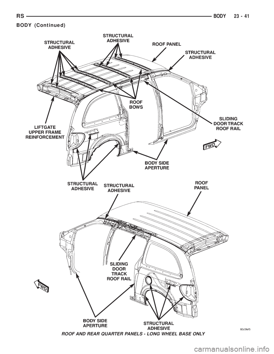 CHRYSLER VOYAGER 2001  Service Manual ROOF AND REAR QUARTER PANELS - LONG WHEEL BASE ONLY
RSBODY23-41
BODY (Continued) 
