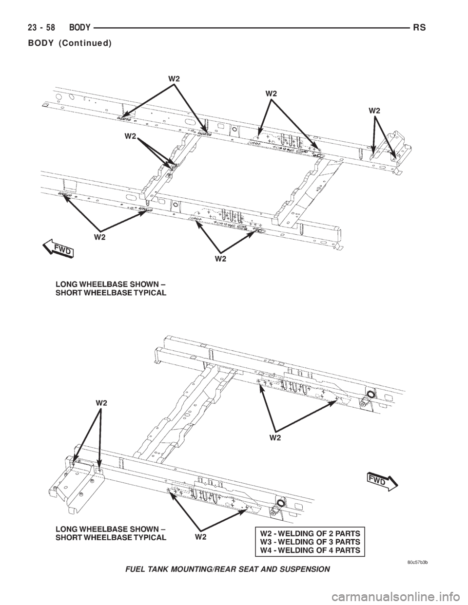 CHRYSLER VOYAGER 2001  Service Manual FUEL TANK MOUNTING/REAR SEAT AND SUSPENSION
23 - 58 BODYRS
BODY (Continued) 